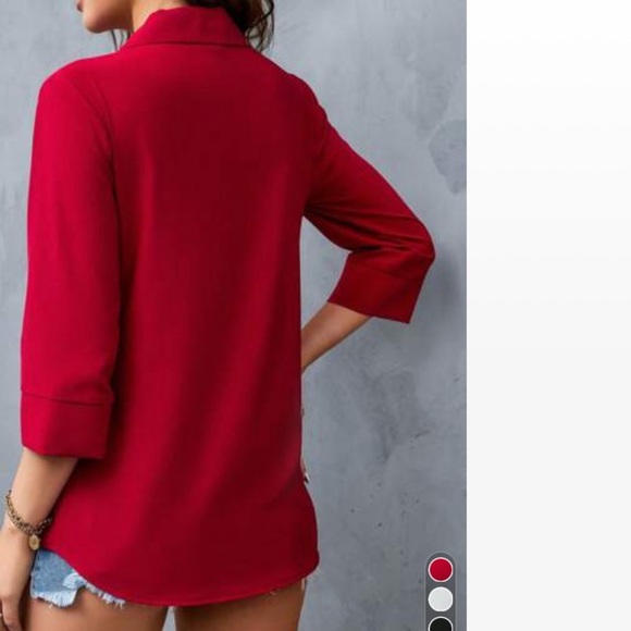 V neck fold over collar pleated 3/4 sleeve blouse red - Picture 2 of 3